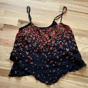 Free‎ People Intimately Womens Black Floral Spaghetti Strap Ruffle Cami Top Med